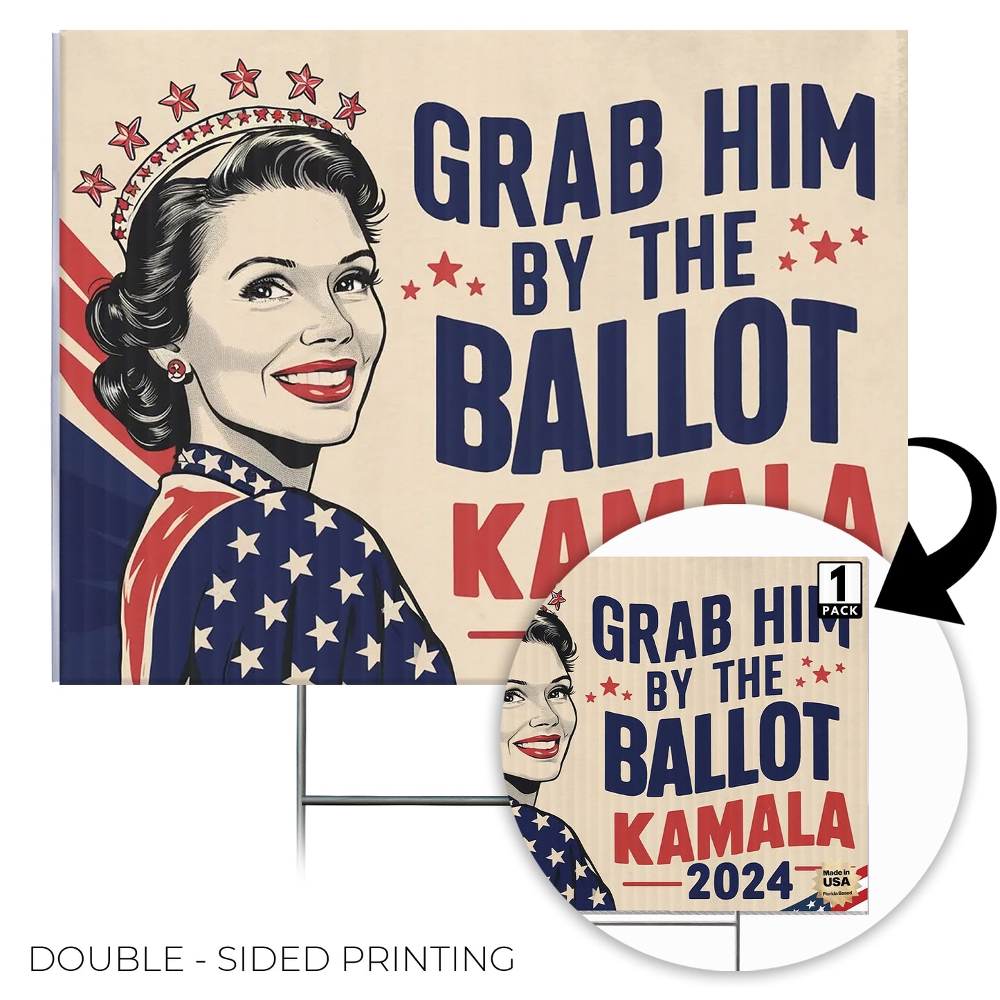 24"x18" 'Grab Him by the Ballot, Kamala 2024' Yard Sign with Stakes, Double Sided Political Yard Sign for Democratic Party