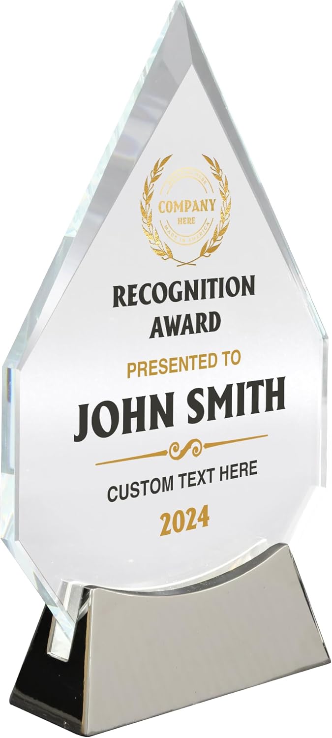 7 3/4" Personalized Glass Plaque for Awards and Trophies, Custom Award for Employee of the Month, Retirement, Leadership and Appreciation Gift M Variations (Design 5)